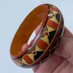 Vintage Brown, Black & Orange Wood Bangle Bracelet 2.5” Wide
